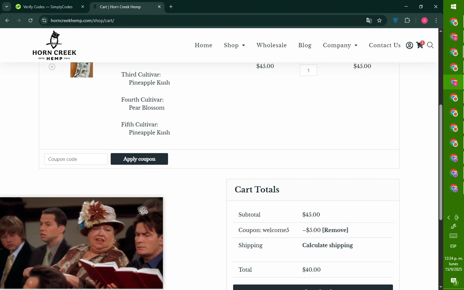 Horn Creek Hemp promo code screenshot showing code WELCOME5 applied at Horn Creek Hemp checkout page. Uploaded by SimplyCodes community member RebateNavigator926 on Sep 15, 2025