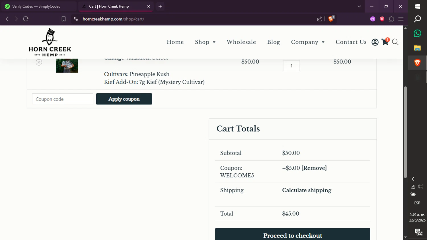 Horn Creek Hemp promo code screenshot showing code WELCOME5 applied at Horn Creek Hemp checkout page. Uploaded by SimplyCodes community member xXdevoragoticas69Xx on Jun 22, 2025
