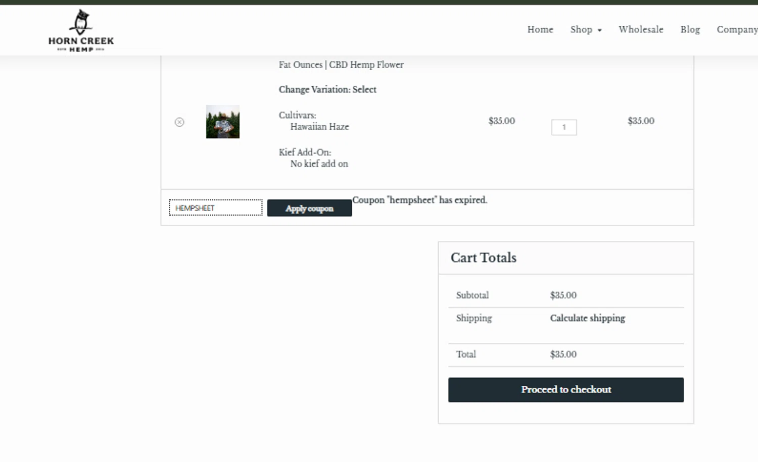 Horn Creek Hemp promo code screenshot showing code HEMPSHEET applied at Horn Creek Hemp checkout page. Uploaded by SimplyCodes community member CouponLion324 on Aug 3, 2025