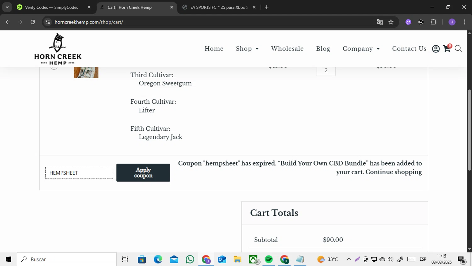 Horn Creek Hemp promo code screenshot showing code HEMPSHEET applied at Horn Creek Hemp checkout page. Uploaded by SimplyCodes community member ENCARAMESSI on Aug 3, 2025
