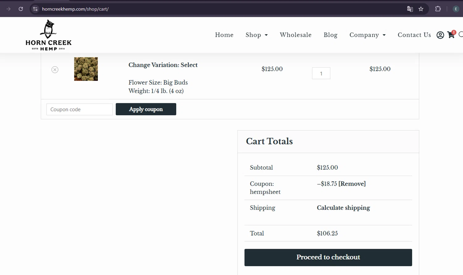Horn Creek Hemp checkout page showing Horn Creek Hemp promo code box | Screenshot taken by SimplyCodes community member on May 25, 2025