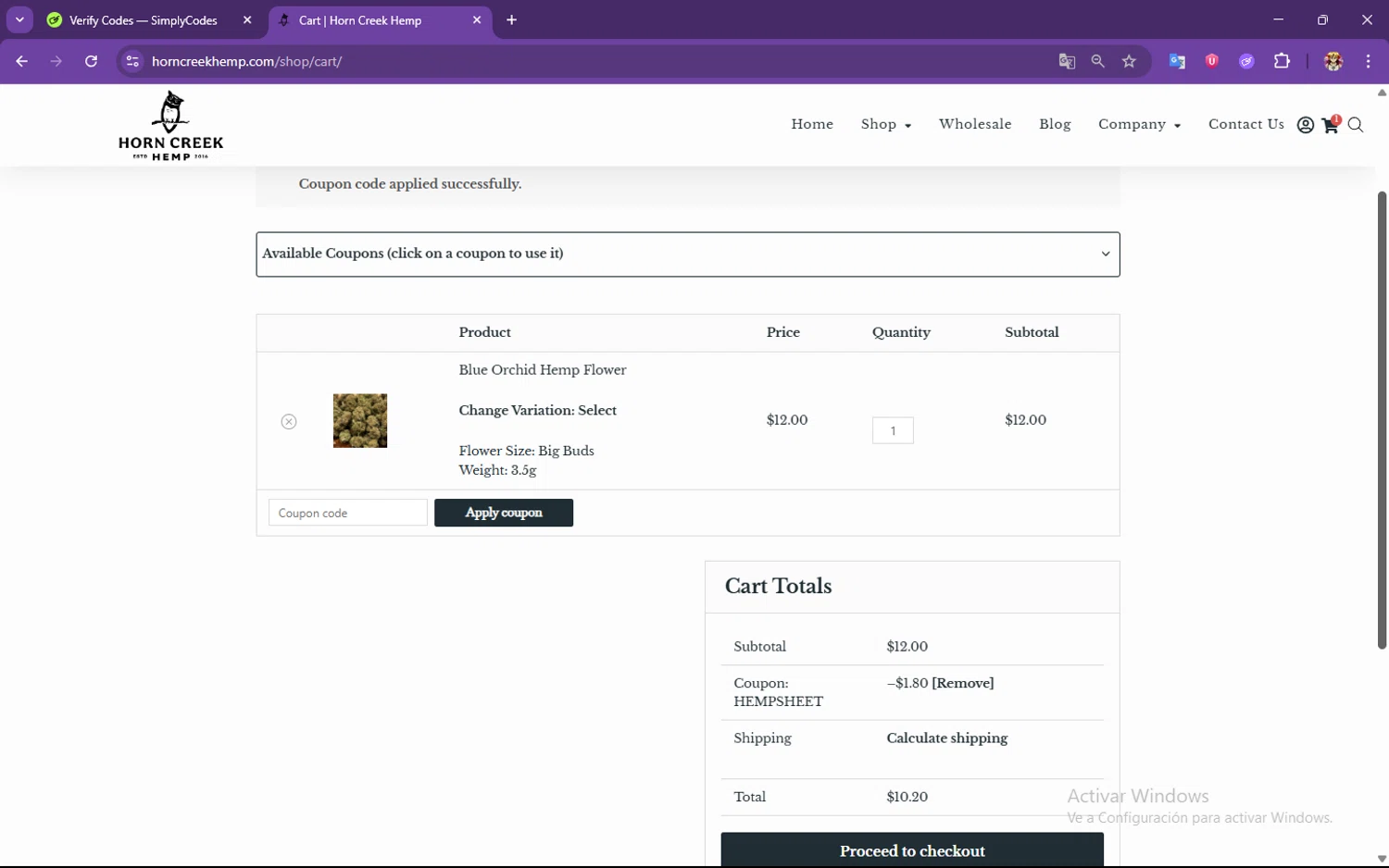 Horn Creek Hemp checkout page showing Horn Creek Hemp promo code box | Screenshot taken by SimplyCodes community member on Jun 22, 2025