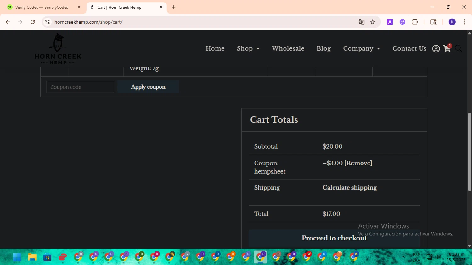 Horn Creek Hemp checkout page showing Horn Creek Hemp promo code box | Screenshot taken by SimplyCodes community member on May 25, 2025