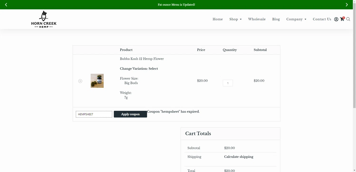 Horn Creek Hemp promo code screenshot showing code HEMPSHEET applied at Horn Creek Hemp checkout page. Uploaded by SimplyCodes community member RewardTitan728 on Aug 3, 2025