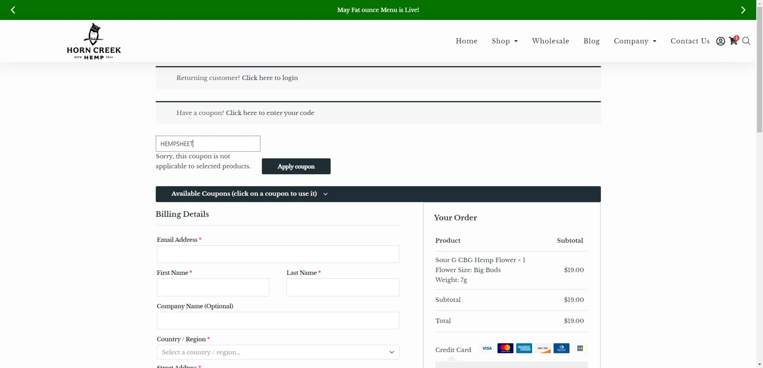 Horn Creek Hemp checkout page showing Horn Creek Hemp promo code box | Screenshot taken by SimplyCodes community member on Jun 8, 2025