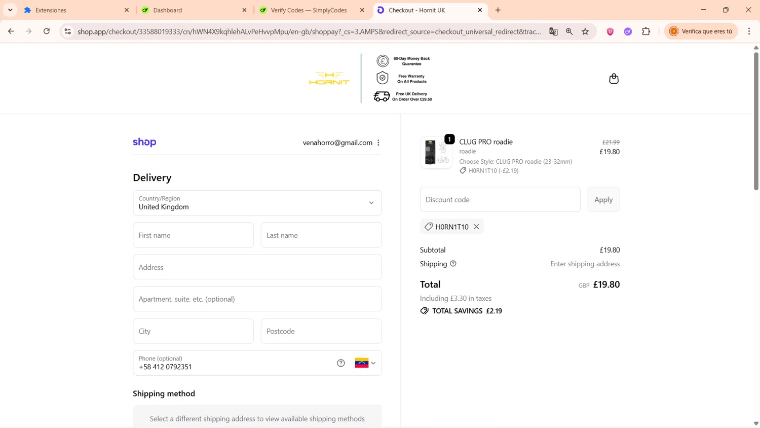 Hornit UK promo code screenshot showing code H0RN1T10 applied at Hornit UK checkout page. Uploaded by SimplyCodes community member FortunateFinder9465 on Oct 25, 2025