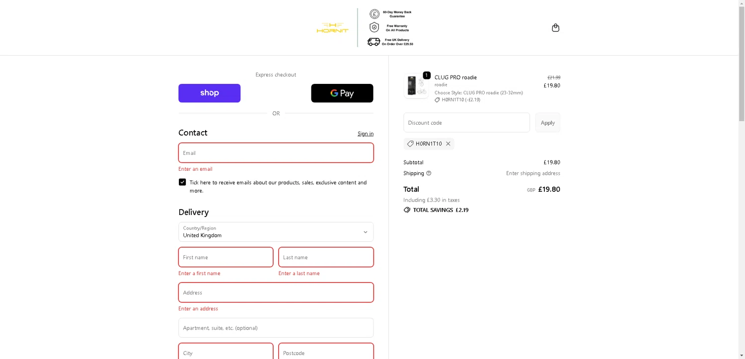 Hornit UK promo code screenshot showing code H0RN1T10 applied at Hornit UK checkout page. Uploaded by SimplyCodes community member VictoriousFinder4393 on Oct 7, 2025
