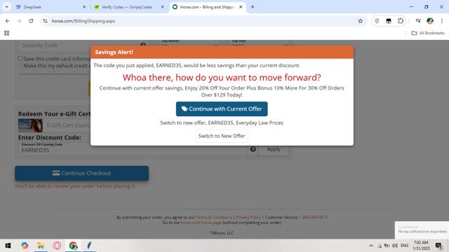 Horse.com checkout page showing Horse.com promo code box | Screenshot taken by SimplyCodes community member on Jan 31, 2025