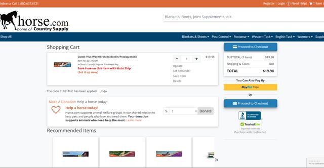 Horse.com checkout page showing Horse.com promo code box | Screenshot taken by SimplyCodes community member on Jan 20, 2025