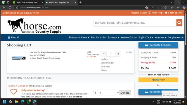Horse.com checkout page showing Horse.com promo code box | Screenshot taken by SimplyCodes community member on Jan 29, 2025