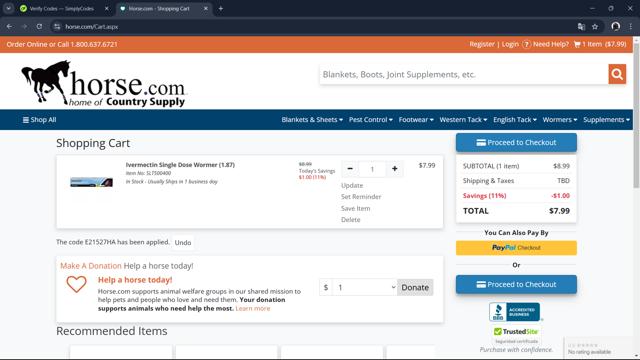 Horse.com checkout page showing Horse.com promo code box | Screenshot taken by SimplyCodes community member on Jan 29, 2025