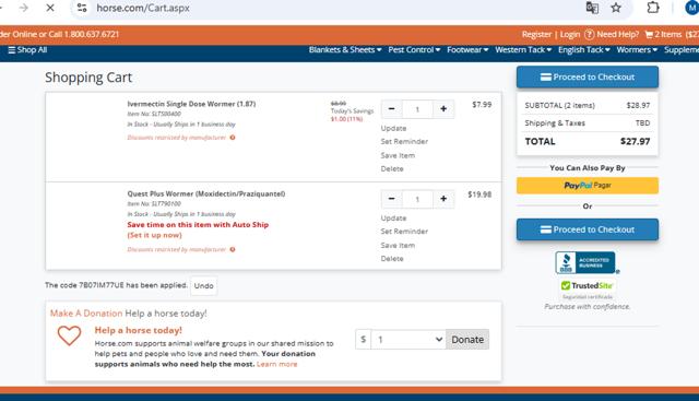 Horse.com checkout page showing Horse.com promo code box | Screenshot taken by SimplyCodes community member on Jan 30, 2025