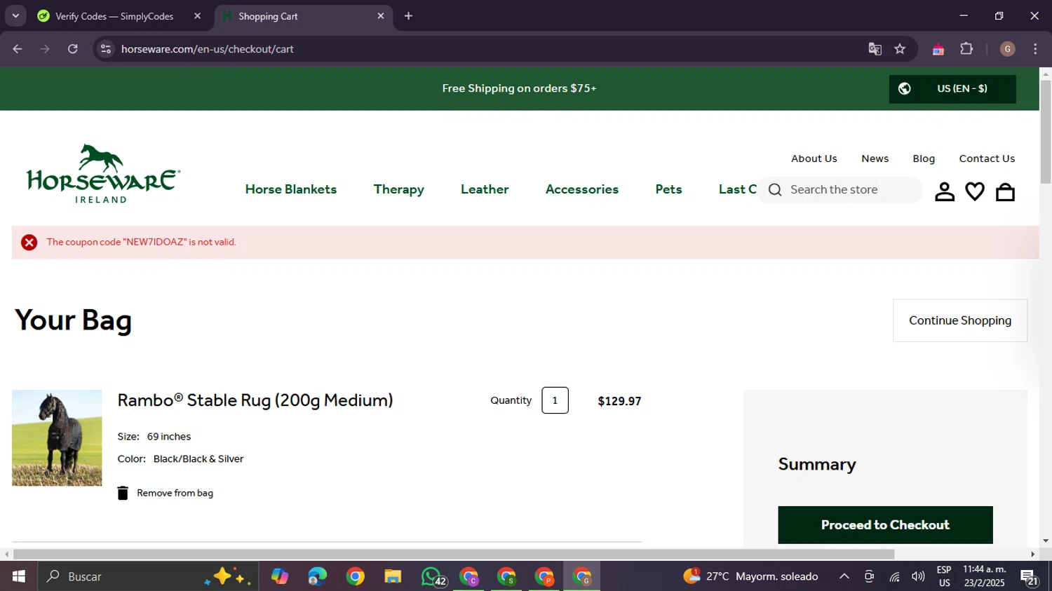 Horseware Ireland promo code screenshot showing code NEW7IDOAZ applied at Horseware Ireland checkout page. Uploaded by SimplyCodes community member BrilliantTracker4207 on Feb 23, 2025