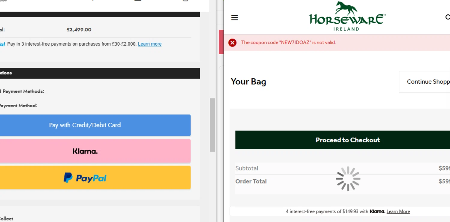 Horseware Ireland promo code screenshot showing code NEW7IDOAZ applied at Horseware Ireland checkout page. Uploaded by SimplyCodes community member CouponBoss6932 on Jan 18, 2025
