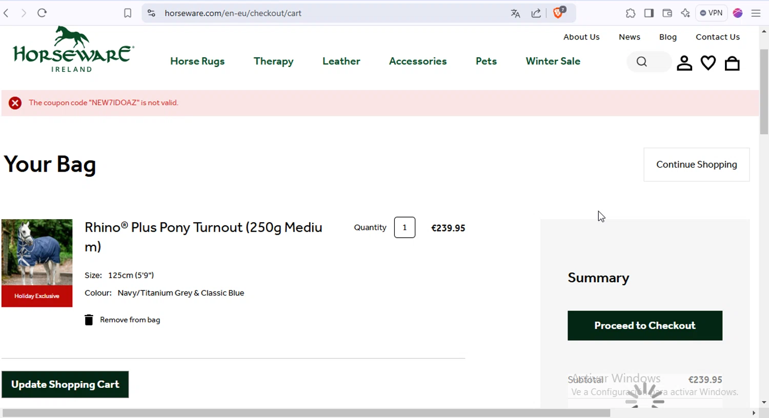 Horseware Ireland promo code screenshot showing code NEW7IDOAZ applied at Horseware Ireland checkout page. Uploaded by SimplyCodes community member 000000 on Jan 18, 2025