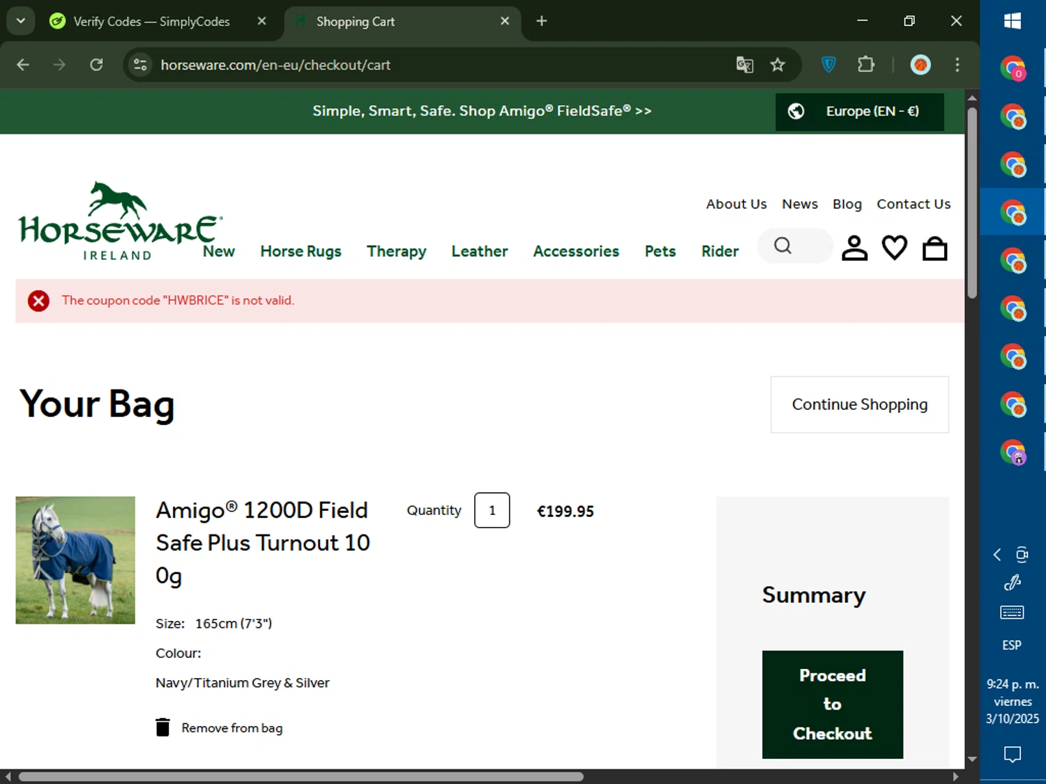 Horseware Ireland promo code screenshot showing code HWBRICE applied at Horseware Ireland checkout page. Uploaded by SimplyCodes community member CashMaverick8128 on Oct 4, 2025