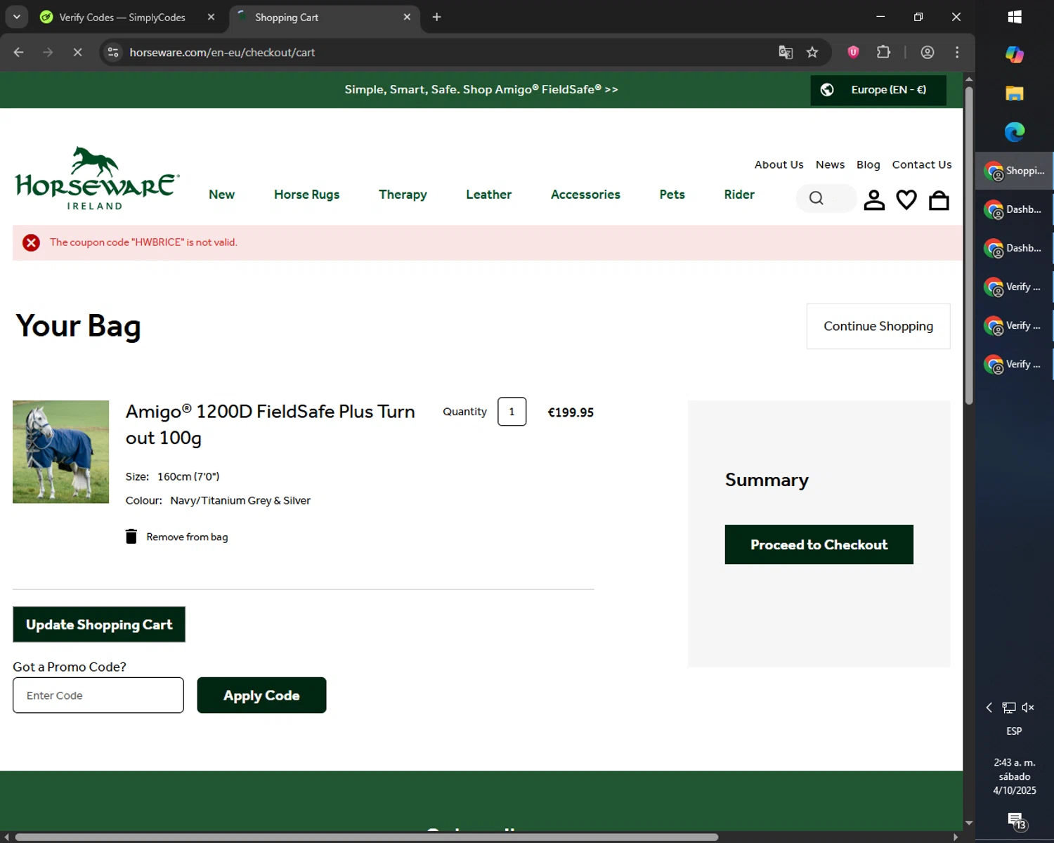 Horseware Ireland promo code screenshot showing code HWBRICE applied at Horseware Ireland checkout page. Uploaded by SimplyCodes community member RebateCaptain6440 on Oct 4, 2025