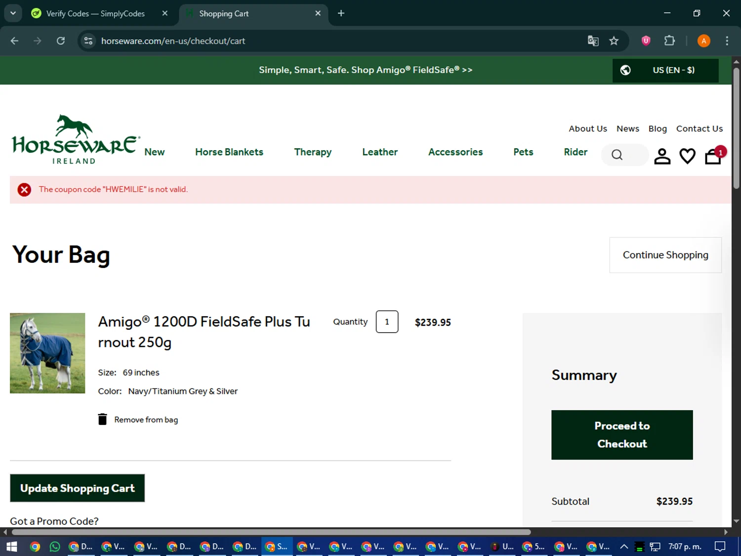 Horseware Ireland promo code screenshot showing code HWEMILIE applied at Horseware Ireland checkout page. Uploaded by SimplyCodes community member MoneyPhoenix4664 on Oct 3, 2025