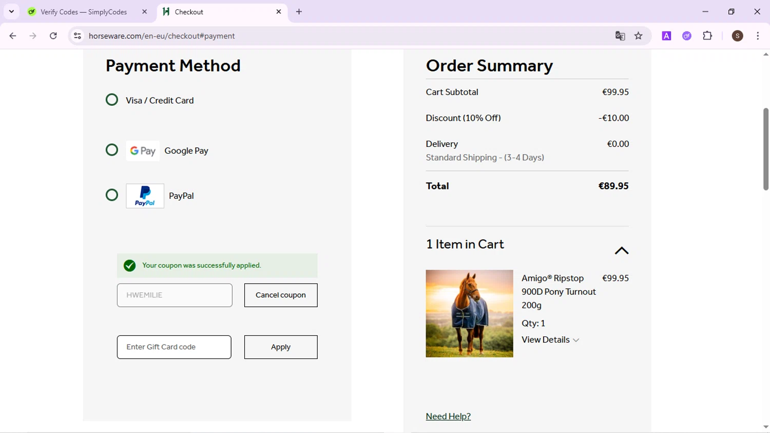 Horseware Ireland promo code screenshot showing code HWEMILIE applied at Horseware Ireland checkout page. Uploaded by SimplyCodes community member QuestPhoenix2794 on Sep 4, 2025