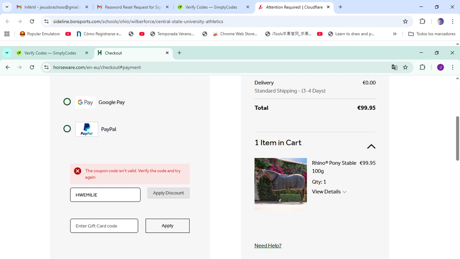 Horseware Ireland promo code screenshot showing code HWEMILIE applied at Horseware Ireland checkout page. Uploaded by SimplyCodes community member YutakaH0shin0 on Oct 3, 2025