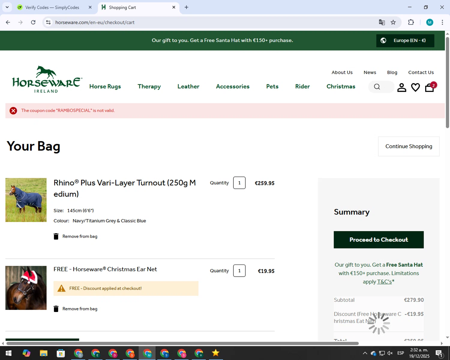 Horseware Ireland promo code screenshot showing code RAMBOSPECIAL applied at Horseware Ireland checkout page. Uploaded by SimplyCodes community member 000005 on Dec 19, 2025