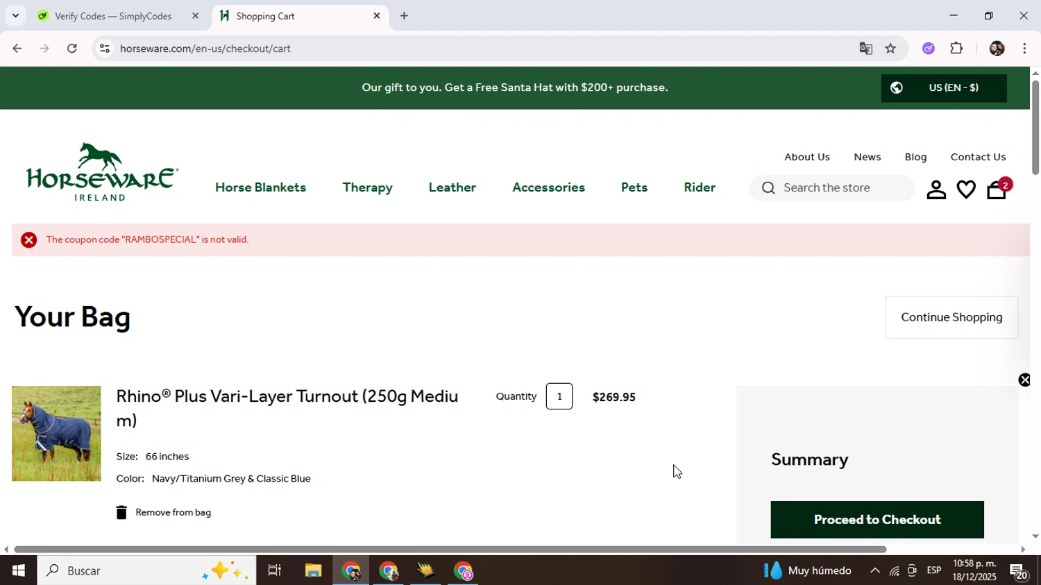 Horseware Ireland promo code screenshot showing code RAMBOSPECIAL applied at Horseware Ireland checkout page. Uploaded by SimplyCodes community member Junniorduno on Dec 19, 2025