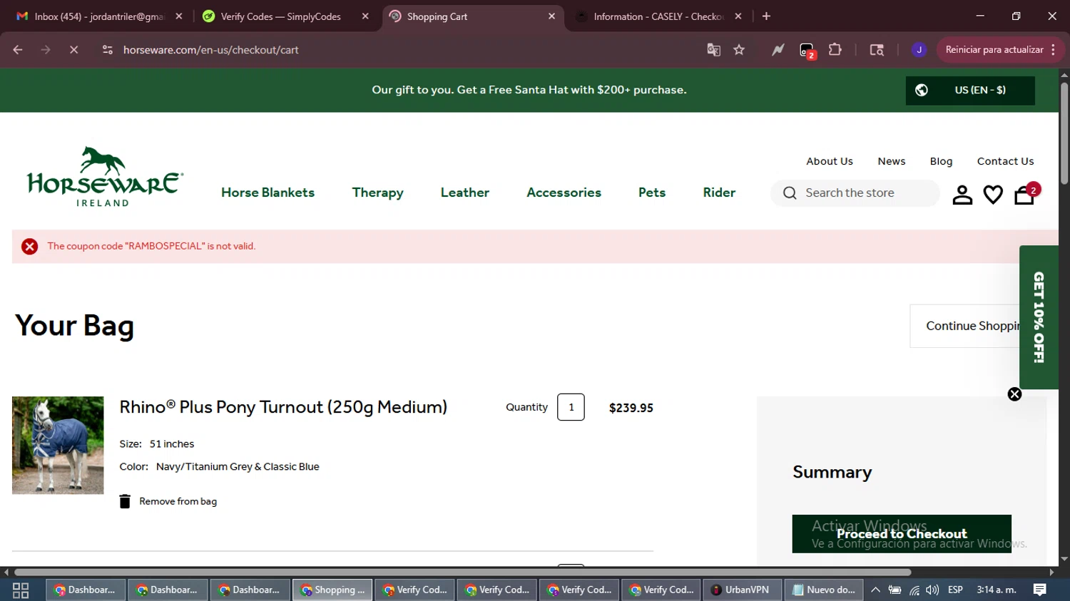 Horseware Ireland promo code screenshot showing code RAMBOSPECIAL applied at Horseware Ireland checkout page. Uploaded by SimplyCodes community member LegendaryLegend9872 on Dec 19, 2025
