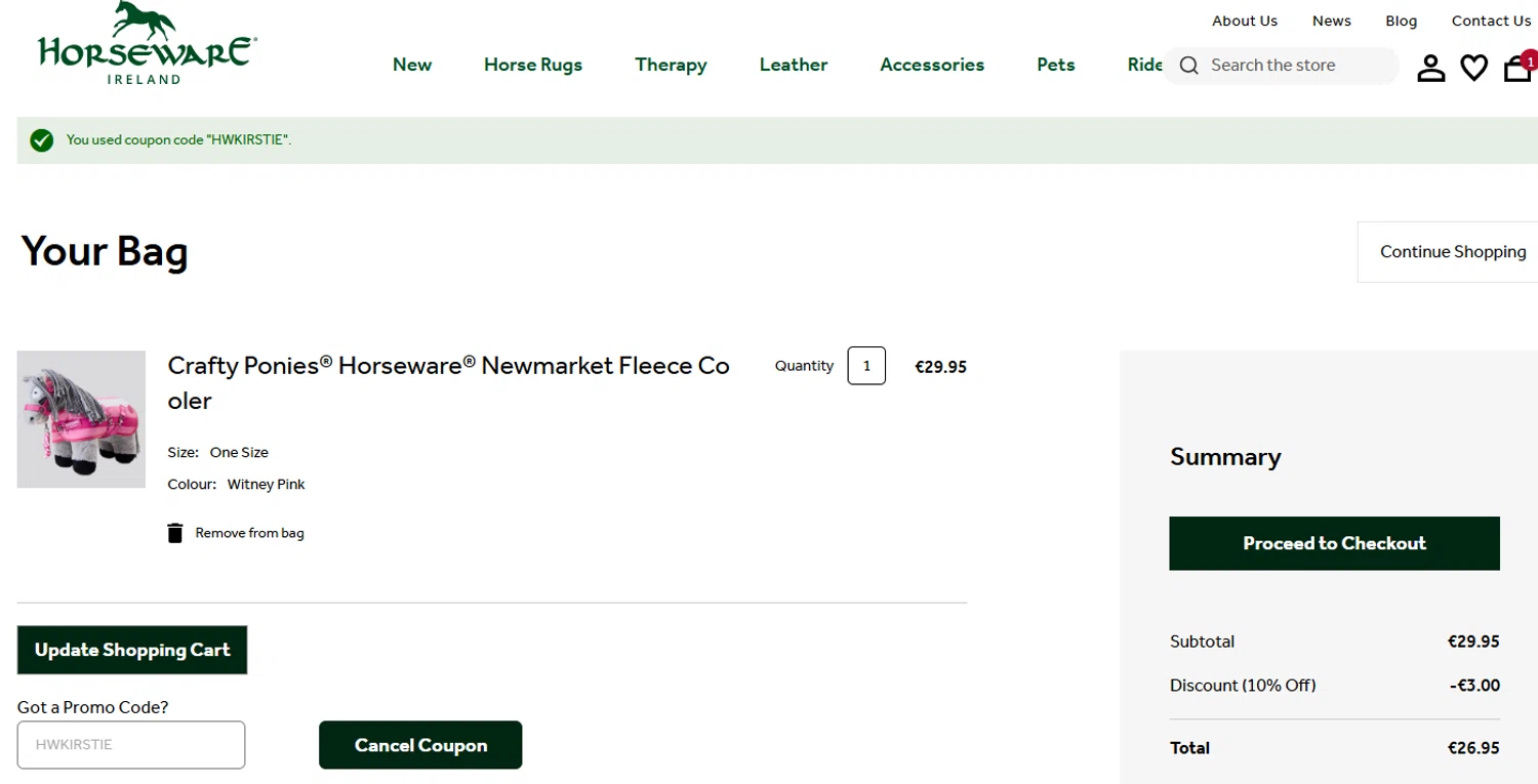 Horseware Ireland promo code screenshot showing code HWKIRSTIE applied at Horseware Ireland checkout page. Uploaded by SimplyCodes community member ashe1986 on Sep 4, 2025