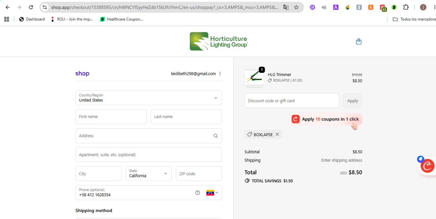 Horticulture Lighting Group promo code screenshot showing code BOXLAPSE applied at Horticulture Lighting Group checkout page. Uploaded by SimplyCodes community member Jose29 on May 25, 2026