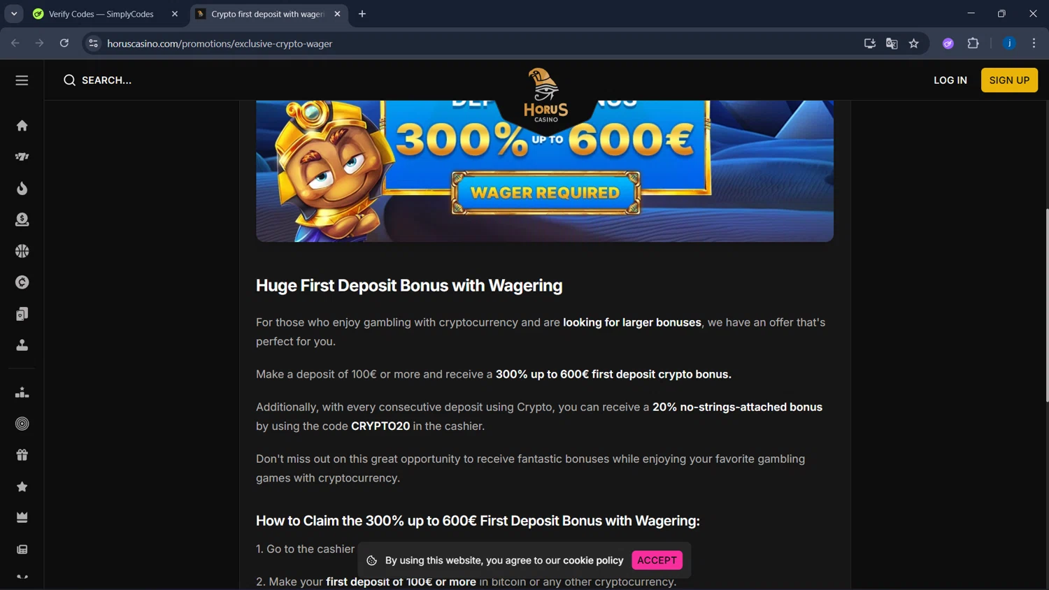 Horus Casino promo code screenshot showing code CRYPTO20 applied at Horus Casino checkout page. Uploaded by SimplyCodes community member CodeSaver4373 on Oct 6, 2025