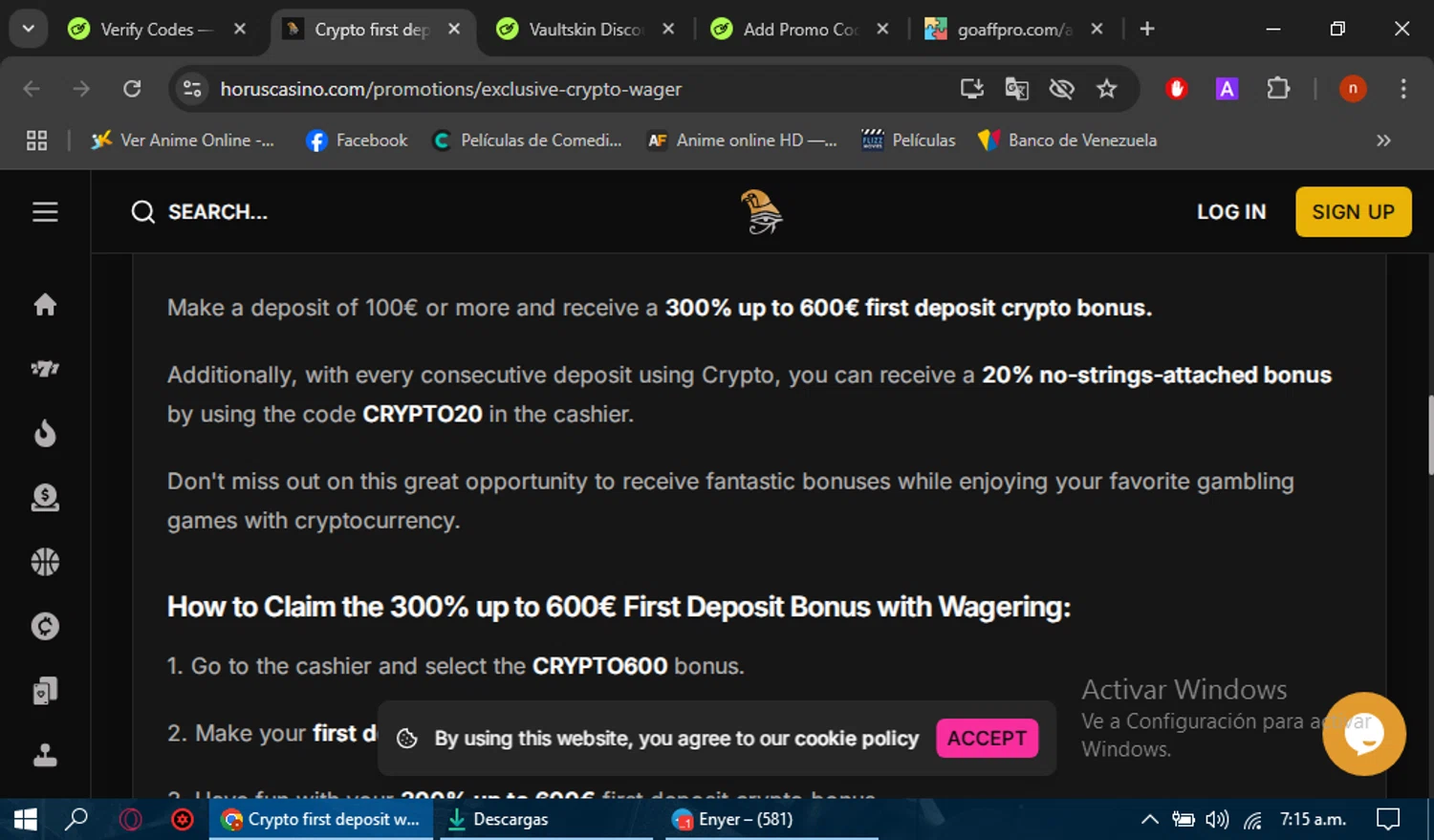 Horus Casino promo code screenshot showing code CRYPTO20 applied at Horus Casino checkout page. Uploaded by SimplyCodes community member Sasuk3 on Mar 20, 2025