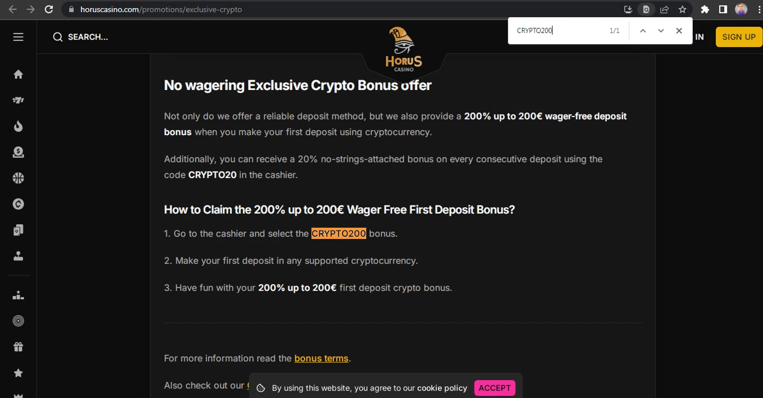 Horus Casino promo code screenshot showing code CRYPTO200 applied at Horus Casino checkout page. Uploaded by SimplyCodes community member HUNTER1406 on Mar 18, 2025