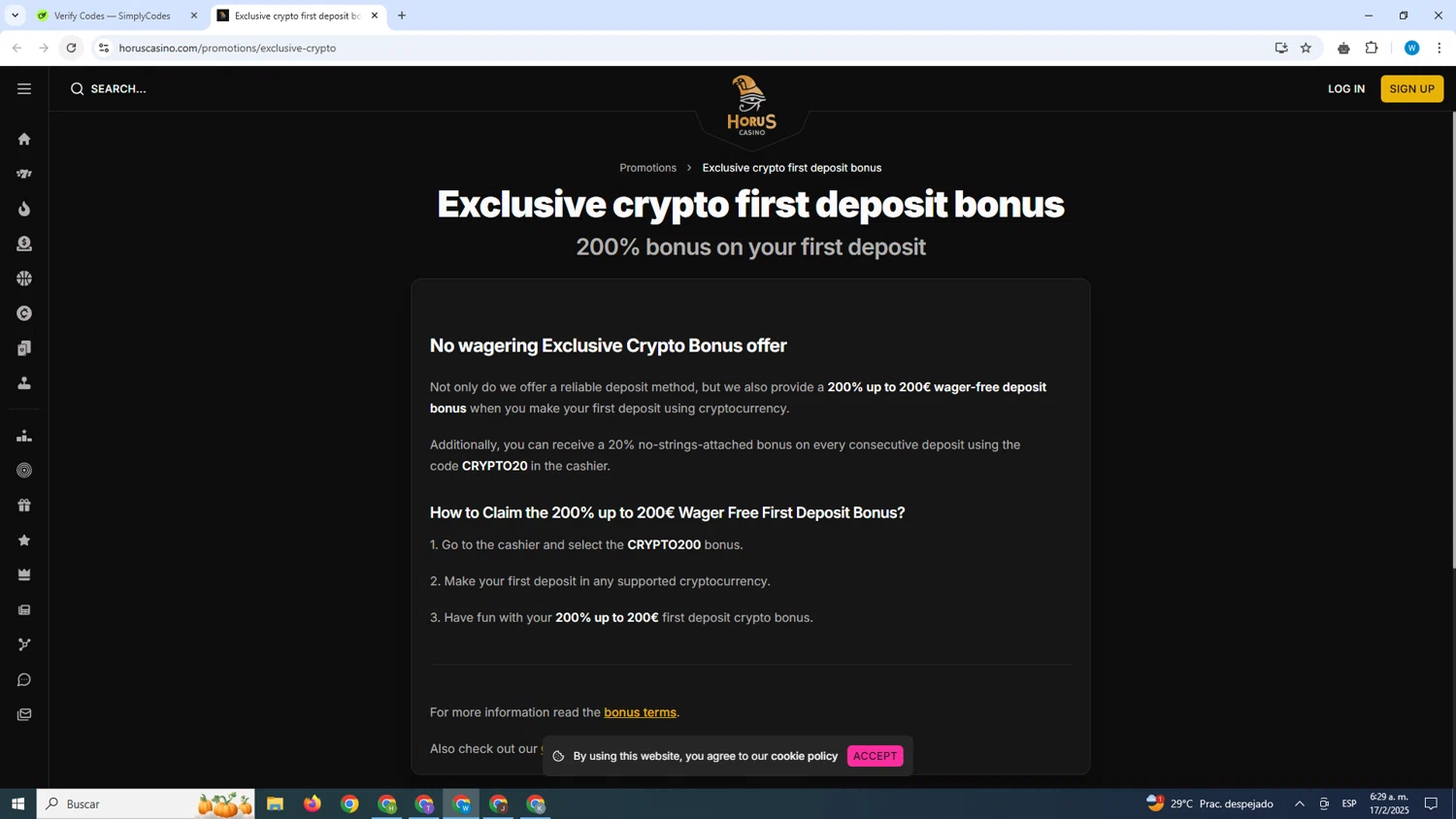 Horus Casino promo code screenshot showing code CRYPTO200 applied at Horus Casino checkout page. Uploaded by SimplyCodes community member CrownShopper7142 on Feb 17, 2025