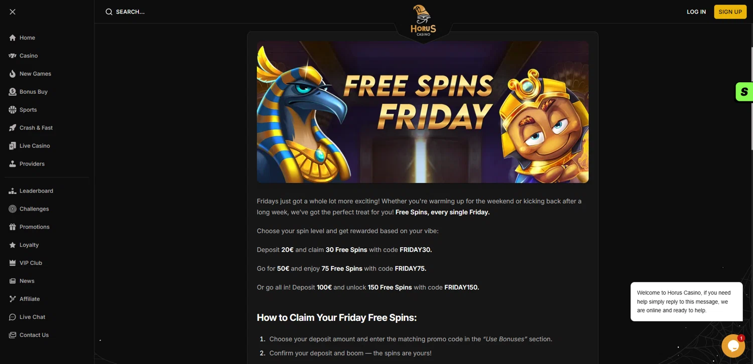 Horus Casino promo code screenshot showing code FRIDAY75 applied at Horus Casino checkout page. Uploaded by SimplyCodes community member pabloprieto on Oct 26, 2025