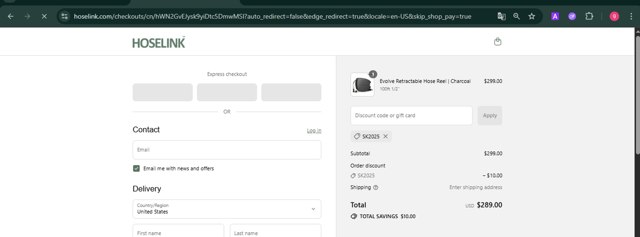 Hoselink USA checkout page showing Hoselink USA discount code box | Screenshot taken by SimplyCodes community member on Aug 27, 2025