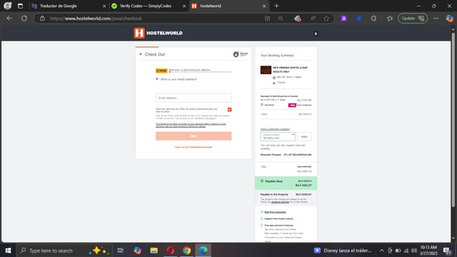 Hostelworld checkout page showing Hostelworld discount code box | Screenshot taken by SimplyCodes community member on Mar 27, 2025