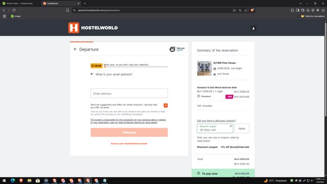 Hostelworld checkout page showing Hostelworld discount code box | Screenshot taken by SimplyCodes community member on Apr 5, 2025