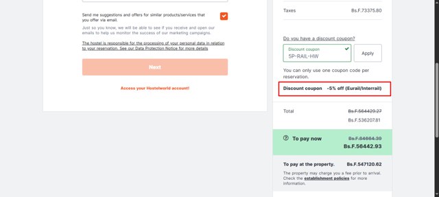 Hostelworld checkout page showing Hostelworld discount code box | Screenshot taken by SimplyCodes community member on Jul 24, 2025