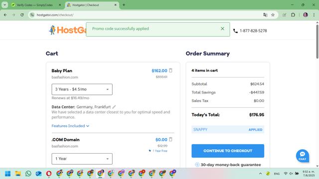 HostGator checkout page showing HostGator promo code box | Screenshot taken by SimplyCodes community member on Aug 7, 2025