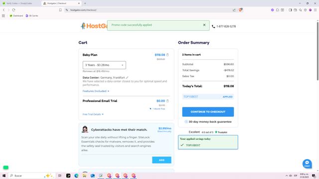 HostGator checkout page showing HostGator promo code box | Screenshot taken by SimplyCodes community member on Aug 21, 2025