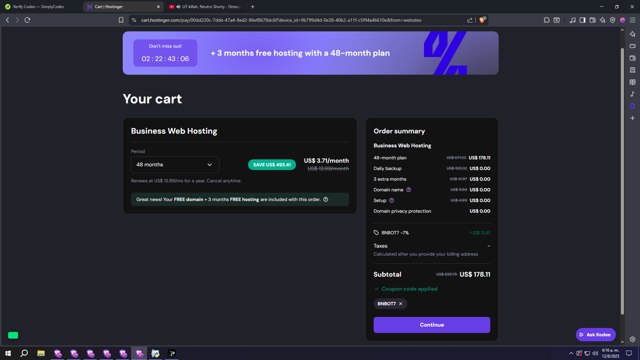 Hostinger checkout page showing Hostinger coupon code box | Screenshot taken by SimplyCodes community member on Aug 12, 2025