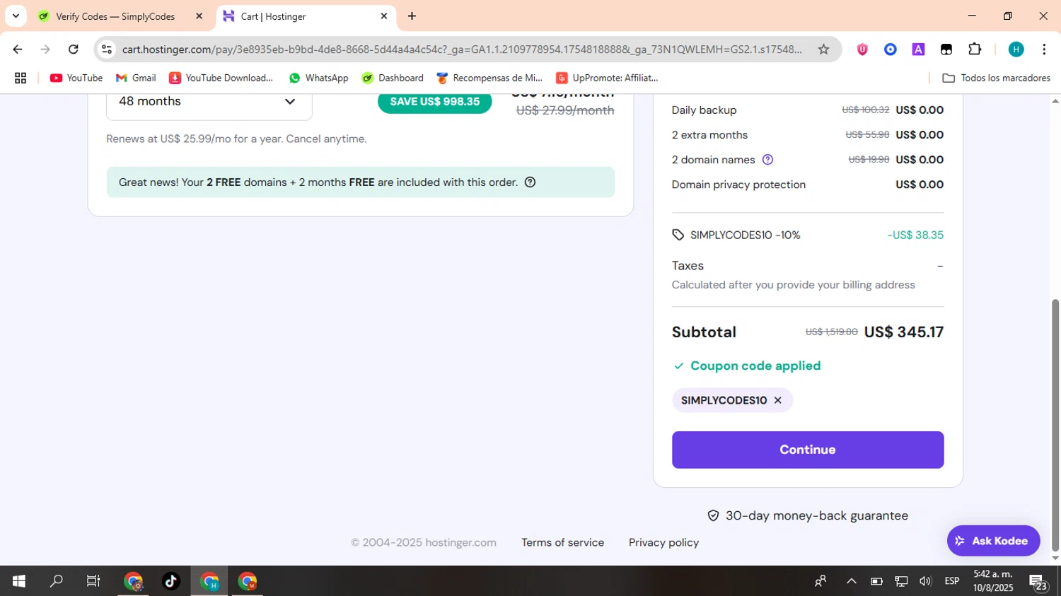 Hostinger coupon code screenshot showing code SIMPLYCODES10 applied at Hostinger checkout page. Uploaded by SimplyCodes community member MACHINEv1 on Aug 10, 2025