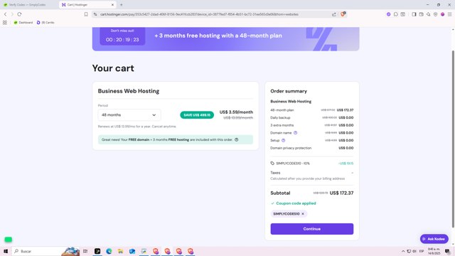 Hostinger checkout page showing Hostinger coupon code box | Screenshot taken by SimplyCodes community member on Aug 14, 2025