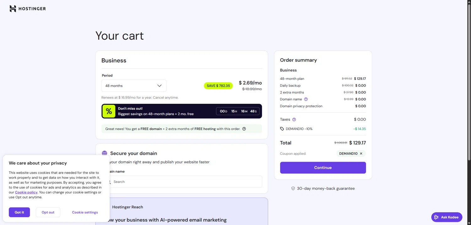 Hostinger promo code screenshot showing code Demand10 applied at Hostinger checkout page. Uploaded by SimplyCodes community member ValiantCollector5333 on Feb 8, 2026