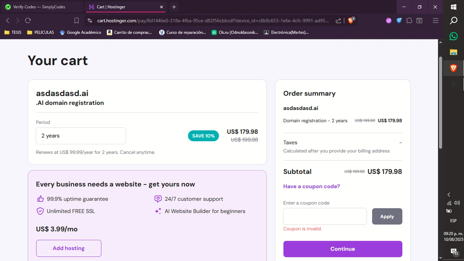 Hostinger coupon code screenshot showing code Demand10 applied at Hostinger checkout page. Uploaded by SimplyCodes community member xXdevoragoticas69Xx on Aug 11, 2025