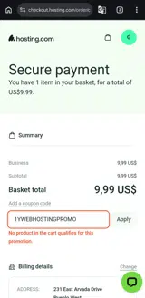 1YWEBHOSTINGPROMO coupon verification screenshot
