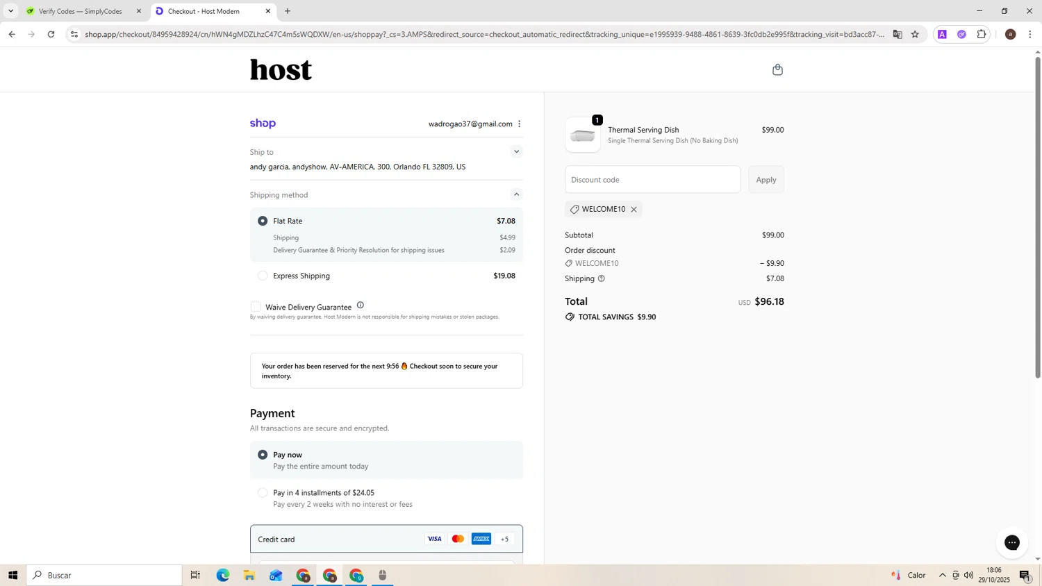 Host Modern discount code screenshot showing code WELCOME10 applied at Host Modern checkout page. Uploaded by SimplyCodes community member ExtraordinaryExpert1730 on Oct 29, 2025
