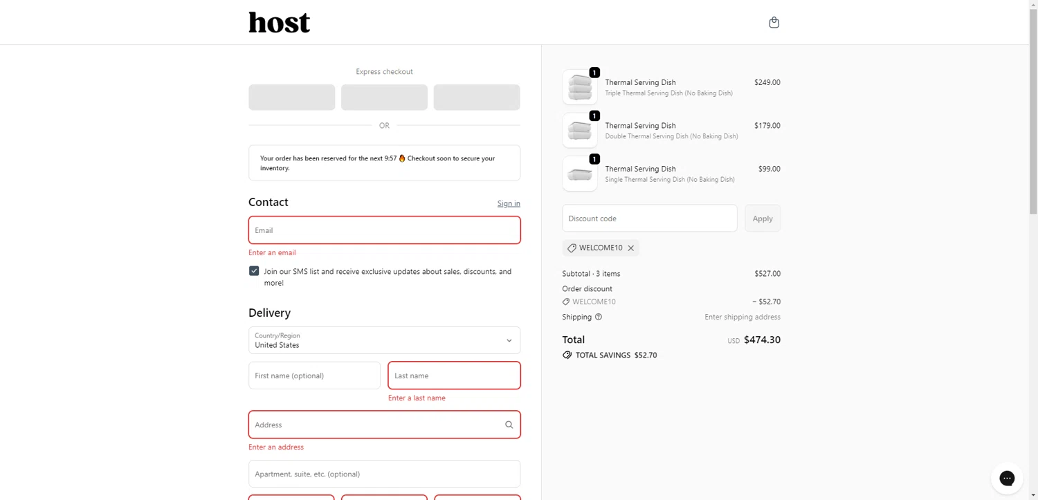 Host Modern discount code screenshot showing code WELCOME10 applied at Host Modern checkout page. Uploaded by SimplyCodes community member TreasureKnight4134 on Sep 30, 2025