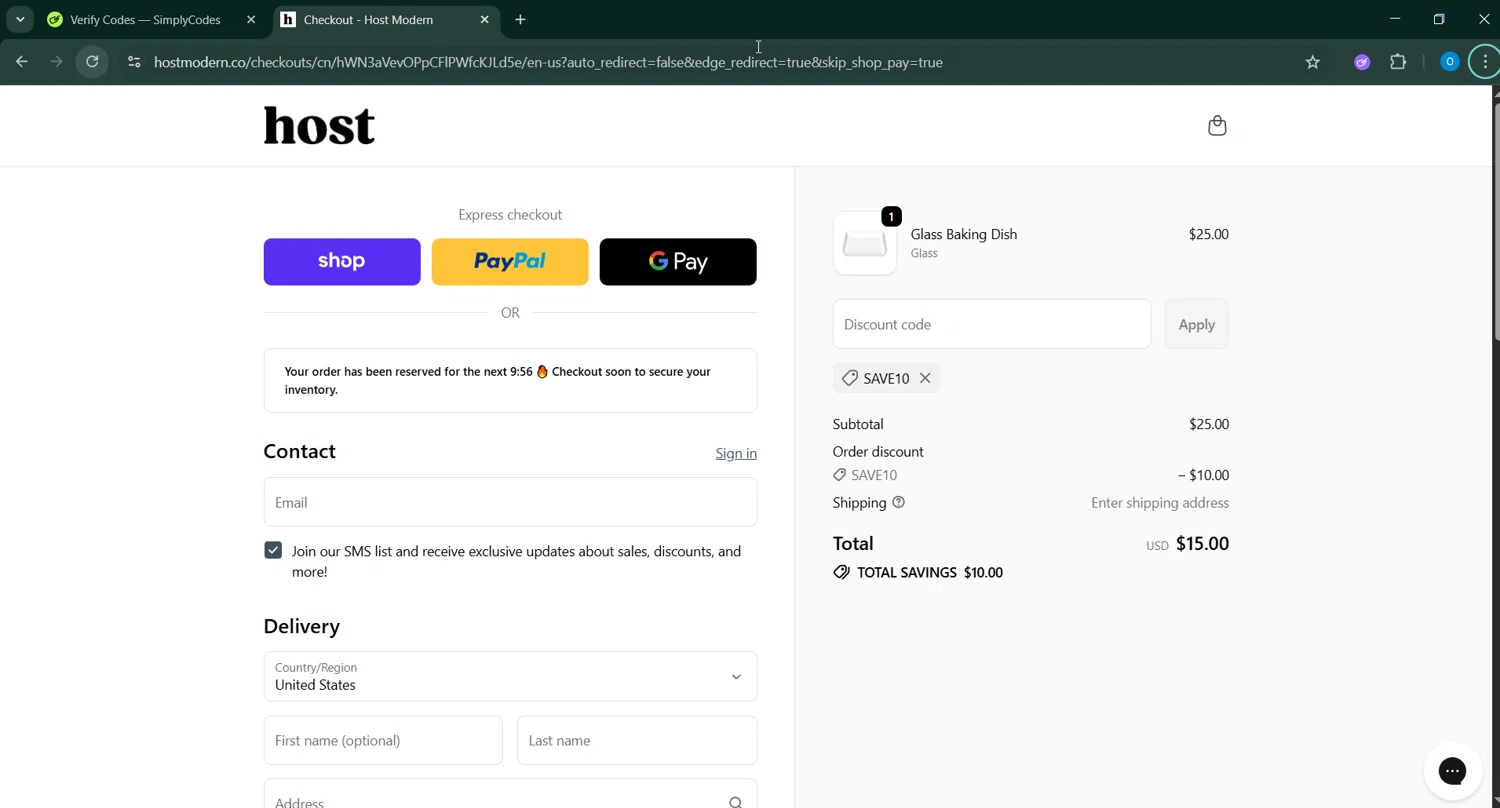 Host Modern discount code screenshot showing code SAVE10 applied at Host Modern checkout page. Uploaded by SimplyCodes community member _____________ on Sep 30, 2025
