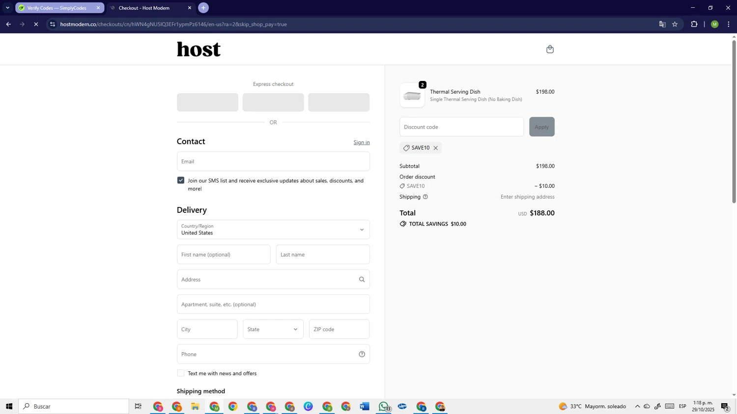 Host Modern discount code screenshot showing code SAVE10 applied at Host Modern checkout page. Uploaded by SimplyCodes community member PrimeSage6924 on Oct 29, 2025